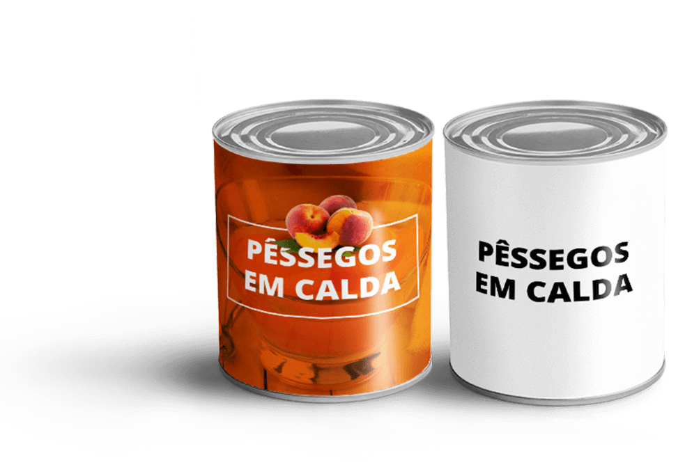 Latas de p�ssego com e sem embalagem personalizada - Ag�ncia T�ngelo